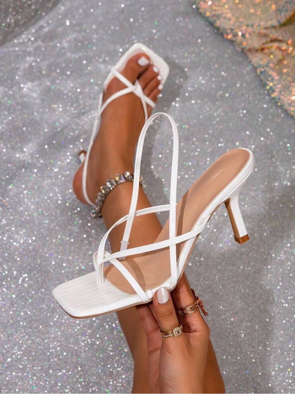 White Strappy Croc Pattern Kitten Heels